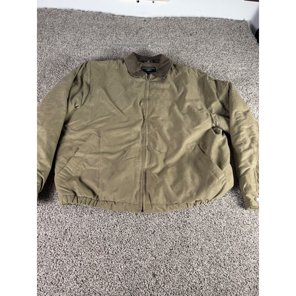 Dockers Mens‎ Large Tan Khaki Harrington Bomber Jacket Full Zip Leather Collar L